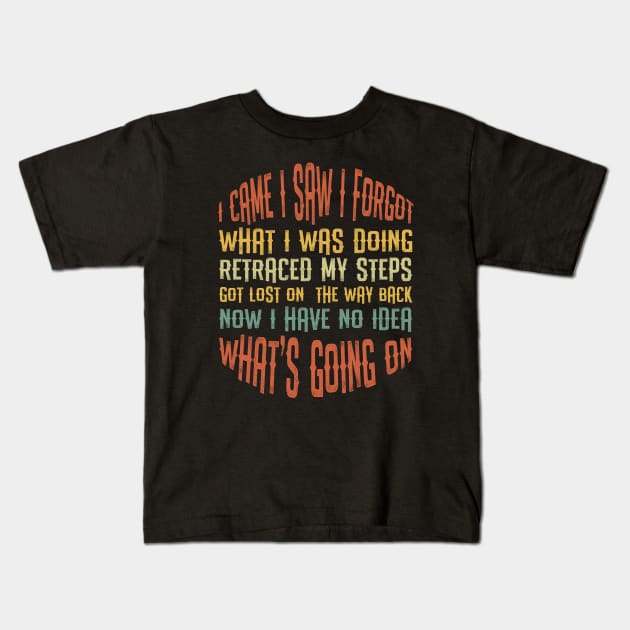 I Came, I Saw, I Forgot What I Was Doing, Retraced My Steps Got Lost on The Way Back Now I Have No Idea What's Going On Kids T-Shirt by Alennomacomicart